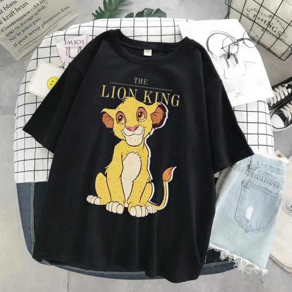 Fashion Casual Summer Black Printing Lion Loose Women T-Shirts 2021 Scoop Neck 1/2 Sleeves Tee Tops