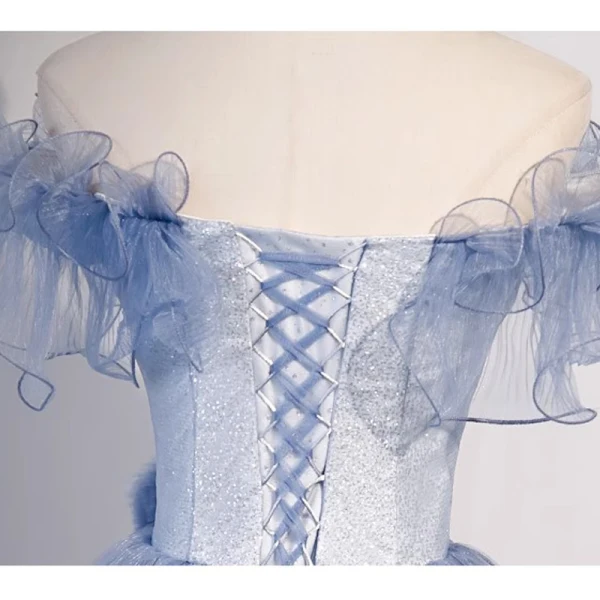 Schöne Himmelblau Pailletten Strass Ballkleider 2023 A Linie Off Shoulder Ärmellos Rückenfreies Schleife Lange Festliche Kleider