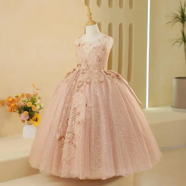 Chic / Beautiful Champagne Beading Sequins Birthday Flower Girl Dresses 2024 Ball Gown Scoop Neck Sleeveless Backless Floor-Length / Long