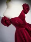 Elegant Burgundy Satin Prom Dresses 2025 A-Line / Princess Off-The-Shoulder Ruffle Short Sleeve Backless Floor-Length / Long Prom Formal Dresses