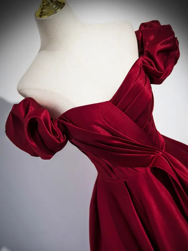 Elegant Burgundy Satin Prom Dresses 2025 A-Line / Princess Off-The-Shoulder Puffy Short Sleeve Backless Floor-Length / Long Prom Formal Dresses
