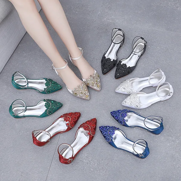 Chic / Beautiful Dark Green Rhinestone Prom Flat Womens Shoes Womens Sandals 2024 Ankle Strap Pointed Toe Sandals