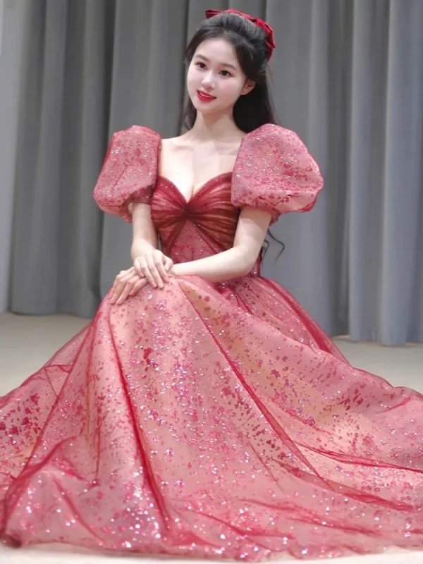 Chic / Belle Rouge Paillettes Robe De Bal 2022 Princesse Encolure Carrée Gonflée Manches Courtes Dos Nu Longue Robe De Ceremonie