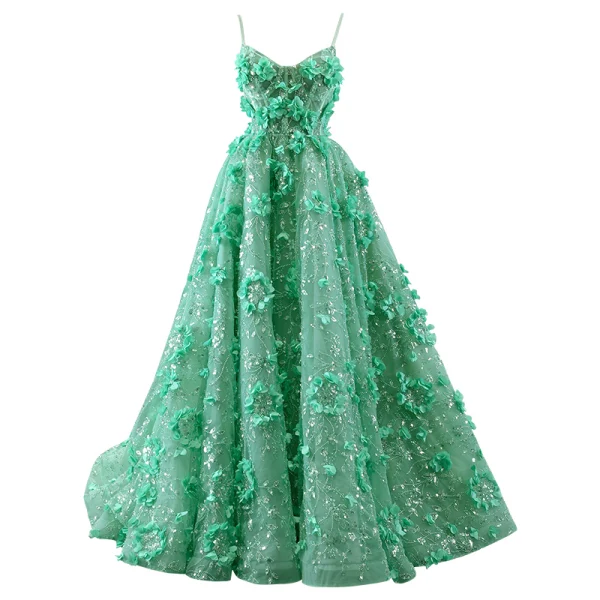 High-end Green Beading Appliques Sequins Prom Dresses 2023 A-Line / Princess Spaghetti Straps Sleeveless Backless Floor-Length / Long Prom Formal Dresses