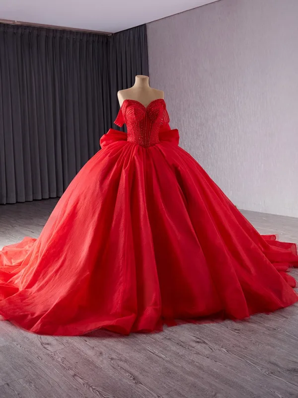 Luxury / Gorgeous Red Handmade  Beading Wedding Dresses 2024 Ball Gown Off-The-Shoulder Sleeveless Backless Bow Chapel Train Wedding