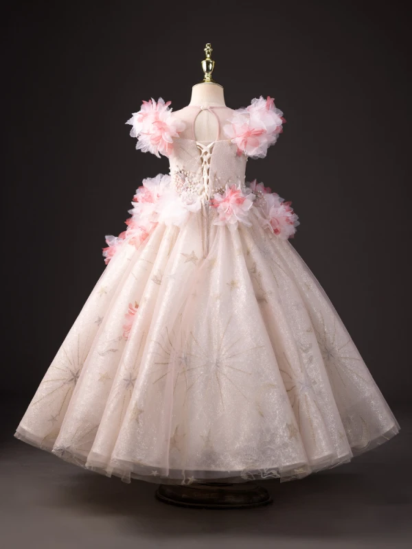 Lovely Blushing Pink Beading Pearl Rhinestone Appliques Lace Flower Birthday Glitter Flower Girl Dresses 2024 Ball Gown Scoop Neck Short Sleeve Floor-Length / Long