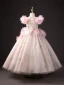 Lovely Blushing Pink Beading Pearl Rhinestone Appliques Lace Flower Birthday Glitter Flower Girl Dresses 2024 Ball Gown Scoop Neck Short Sleeve Floor-Length / Long