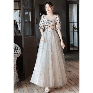 Fashion Grey Star Sequins Prom Dresses 2023 A Line Princess Square Neckline Short Sleeve Backless Floor Length Long Prom Formal Dresses