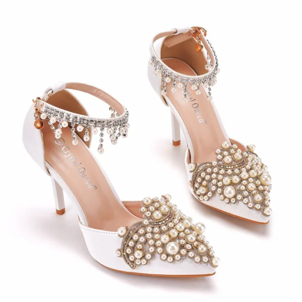 Chic / Beautiful Pearl Rhinestone White Wedding Shoes 2023 9 cm Stiletto Heels Pointed Toe Wedding High Heels