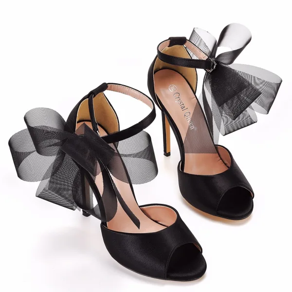 Sexy Noire Bride Cheville Noeud Soirée Sandales Femme 2022 Satin 11 cm Talons Aiguilles Peep Toes / Bout Ouvert Sandales Talons Hauts