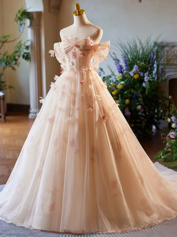 Chic / Belle Rougissant Rose Appliques Robe De Bal 2025 Robe Boule De l'épaule Manches Courtes Dos Nu Train De Balayage Promo Robe De Ceremonie