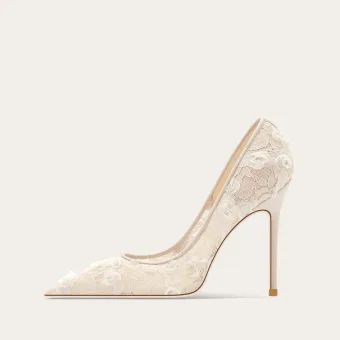 Elegant White Lace Flower Wedding Shoes 2026 Leather 10 Cm Stiletto Heels Pointed Toe Wedding High Heels