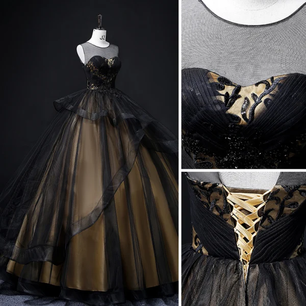 Elegant Black Beading Lace Flower Prom Dresses 2022 Ball Gown Scoop Neck Sleeveless Backless Cascading Ruffles Floor-Length / Long Formal Dresses