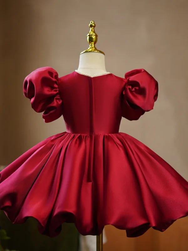 Chic / Beautiful Burgundy Satin Bow Short Birthday Flower Girl Dresses 2023 Ball Gown Scoop Neck Puffy Short Sleeve