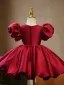 Chic / Beautiful Burgundy Satin Bow Short Birthday Flower Girl Dresses 2023 Ball Gown Scoop Neck Puffy Short Sleeve