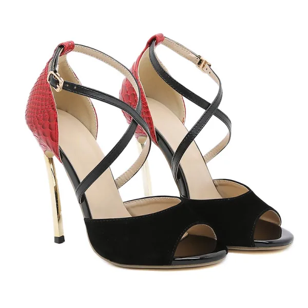 Sexy Schwarz Ball Sandalen Damen 2022 X-Riemen 11 cm Stilettos Peeptoes Sandaletten Hochhackige