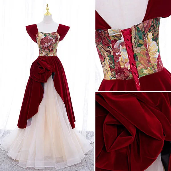 Vintage / Retro Burgundy Suede Printing Prom Dresses 2022 A-Line / Princess Square Neckline Short Sleeve Backless Floor-Length / Long Formal Dresses