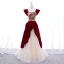 Vintage / Retro Burgundy Suede Printing Prom Dresses 2022 A-Line / Princess Square Neckline Short Sleeve Backless Floor-Length / Long Formal Dresses
