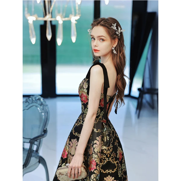 Vintage / Retro Black Gold Printing Satin Prom Dresses 2022 A-Line / Princess Spaghetti Straps Sleeveless Backless Floor-Length / Long Prom Formal Dresses