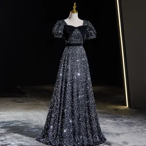 Sparkly Black Sequins Prom Dresses 2024 A Line Princess Square Neckline Bow Short Sleeve Backless Floor Length Long Prom Formal Dresses