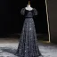 Scintillantes Noire Paillettes Robe De Bal 2024 Princesse Encolure Carrée Noeud Manches Courtes Dos Nu Longue Promo Robe De Ceremonie