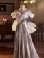 Glitzernden Silber Pailletten Ballkleider 2024 A Linie Off Shoulder Kurze Ärmel Rückenfreies Schleife Lange Ball Festliche Kleider