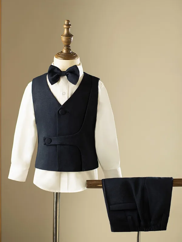 Navy Blue Long Sleeve Rhinestone 5-piece Boys Wedding Suits 2024 Coat Pants Shirt Tie Vest