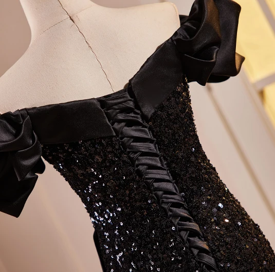 Sexy Black Sequins Evening Dresses 2024 Trumpet / Mermaid Off-The-Shoulder Short Sleeve Backless Floor-Length / Long Evening Party Formal Dresses