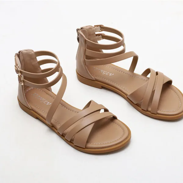 Simple Noire Plage Désinvolte Plate Sandales Femme 2022 Été Bride Cheville Peep Toes / Bout Ouvert Sandales
