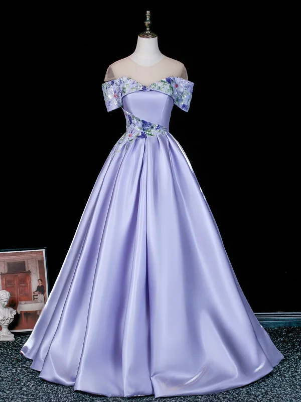 Elegant Lavender Beading Sequins Satin Prom Dresses 2026 Ball Gown Off-The-Shoulder Short Sleeve Backless