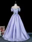 Elegant Lavender Beading Sequins Satin Prom Dresses 2026 Ball Gown Off-The-Shoulder Short Sleeve Backless