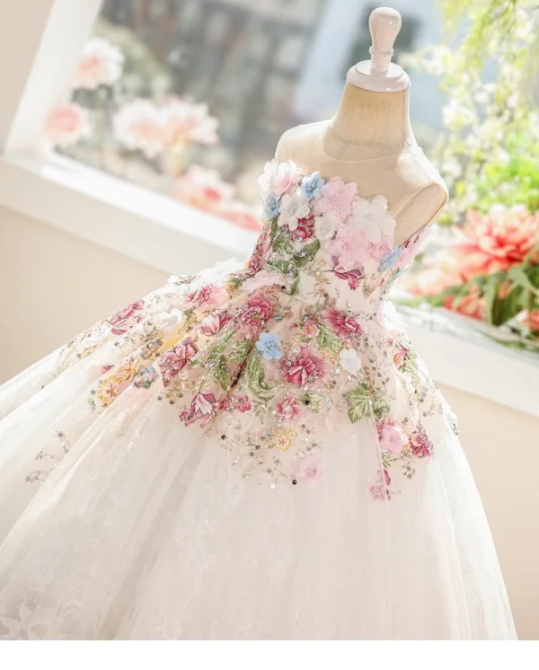 Chic / Beautiful White Beading Pearl Sequins Appliques Birthday Flower Girl Dresses 2025 Ball Gown Scoop Neck Sleeveless Backless Floor-Length / Long