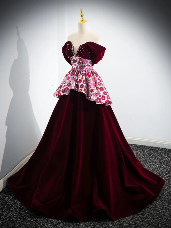 Elegant Burgundy Beading Pearl Sequins Flower Prom Dresses 2024 Velvet Ball Gown Off-The-Shoulder Short Sleeve Backless Sweep Train Prom Formal Dresses