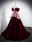 Elegant Burgundy Beading Pearl Sequins Flower Prom Dresses 2024 Velvet Ball Gown Off-The-Shoulder Short Sleeve Backless Sweep Train Prom Formal Dresses