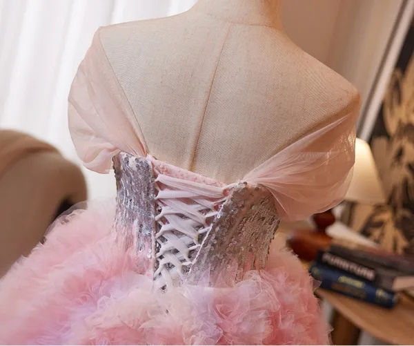 Lovely Blushing Pink Sequins Pleated Prom Dresses 2024 Ball Gown Off-The-Shoulder Sleeveless Backless Prom Formal Dresses