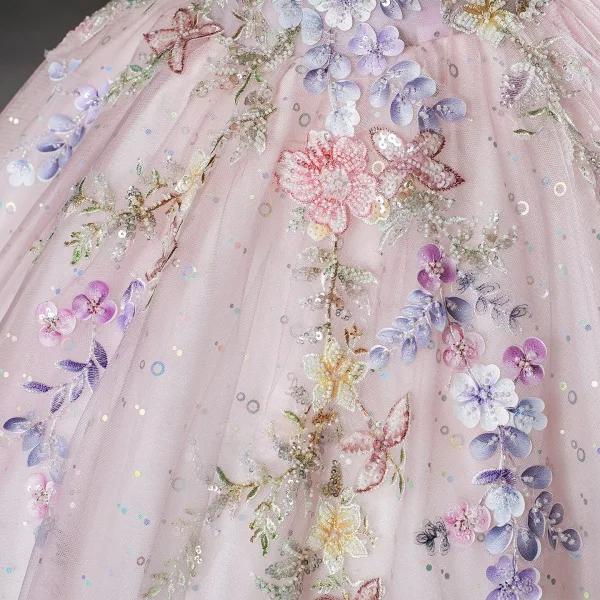 Lovely Blushing Pink Beading Sequins Lace Flower Appliques Prom Dresses 2026 Ball Gown Off-The-Shoulder Short Sleeve Backless