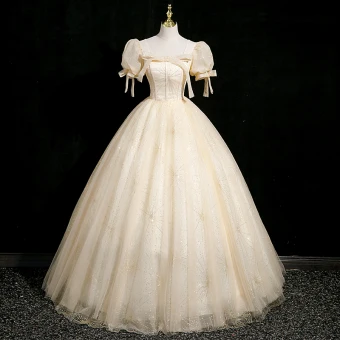 Élégant Champagne Glitter Robe De Bal 2024 Robe Boule Encolure Carrée Noeud Gonflée Manches Courtes Dos Nu Longue Promo Robe De Ceremonie