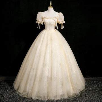 Élégant Champagne Glitter Robe De Bal 2024 Robe Boule Encolure Carrée Noeud Gonflée Manches Courtes Dos Nu Longue Promo Robe De Ceremonie