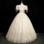 Elegant Champagne Glitter Prom Dresses 2024 Ball Gown Square Neckline Bow Puffy Short Sleeve Backless Floor-Length / Long Prom Formal Dresses