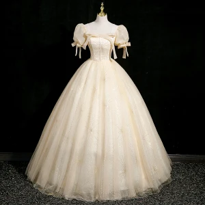 Elegantes Champán Glitter Vestidos De Gala 2024 Ball Gown Escote Cuadrado Bowknot Hinchado Manga Corta Sin Espalda Largos Gala Vestidos Formales