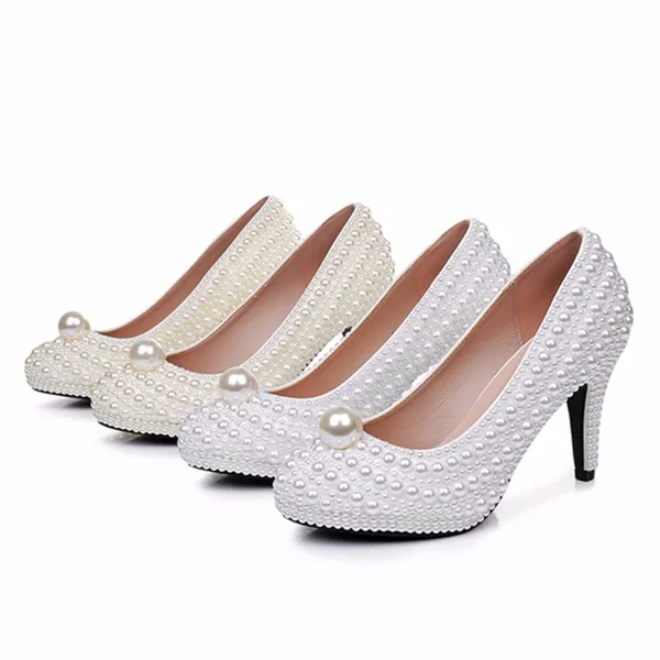 Elegante Witte Parel Bruidsschoenen 2025 9 cm Naaldhakken / Stiletto Ronde Neus Huwelijk Pumps Hoge Hakken