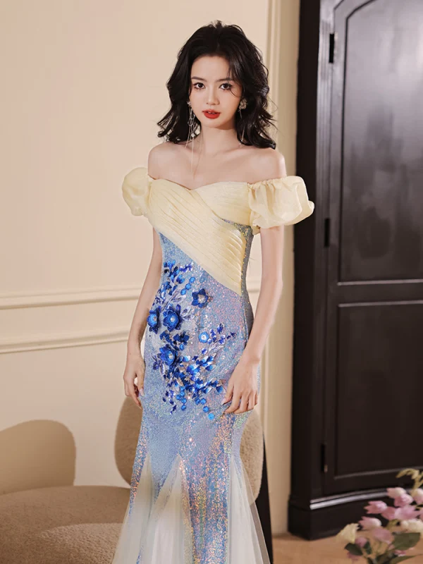 Charmant Bleu Ciel Paillettes En Dentelle Fleur Robe De Soirée 2024 Trompette / Sirène De l'épaule Manches Courtes Dos Nu Longue Soirée Robe De Ceremonie