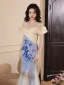 Charmant Bleu Ciel Paillettes En Dentelle Fleur Robe De Soirée 2024 Trompette / Sirène De l'épaule Manches Courtes Dos Nu Longue Soirée Robe De Ceremonie