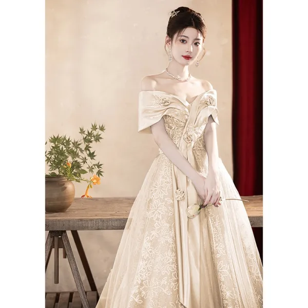 Chic / Beautiful Sage Green Printing Sequins Prom Dresses 2024 A-Line / Princess Off-The-Shoulder Short Sleeve Backless Floor-Length / Long Prom Formal Dresses