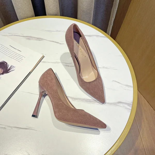 Chic / Beautiful Office OL Beige Suede Pumps 2022 10 cm Stiletto Heels Pointed Toe Pumps High Heels