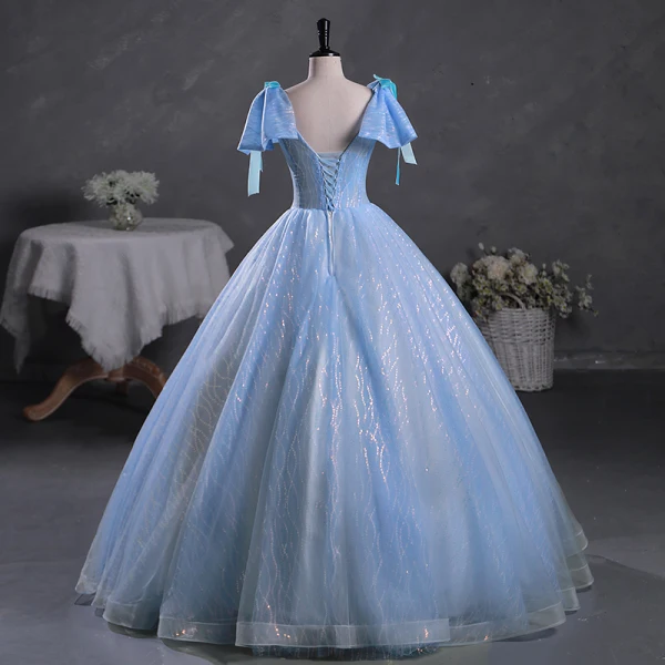 Fashion Sky Blue Beading Sequins Prom Dresses 2023 Ball Gown V-Neck Bow Short Sleeve Backless Floor-Length / Long Prom Formal Dresses