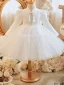 Style Chinois Blanche Courte Perle Anniversaire Robe Ceremonie Fille 2023 Robe Boule Col Haut Noeud Manches Courtes