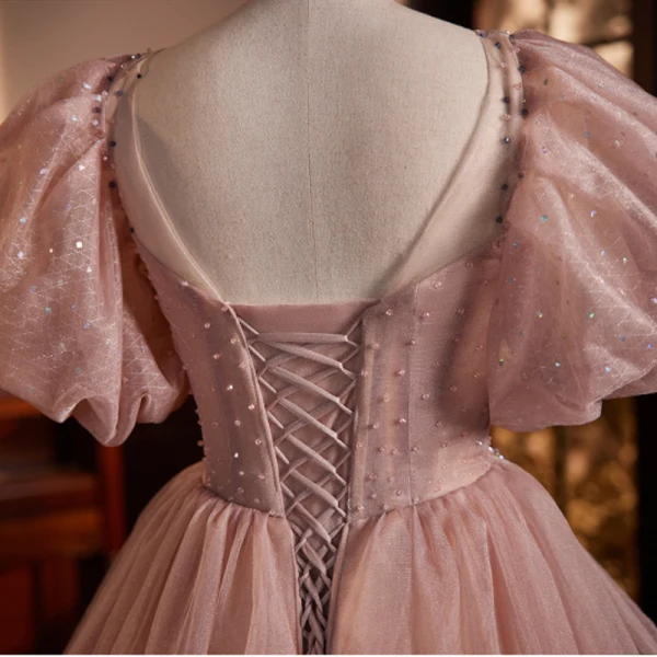 Elegante Rosa Perlenstickerei Strass Pailletten Ballkleider 2023 Ballkleid Eckiger Ausschnitt Geschwollenes Kurze Ärmel Rückenfreies Sweep / Pinsel Zug Ball Festliche Kleider
