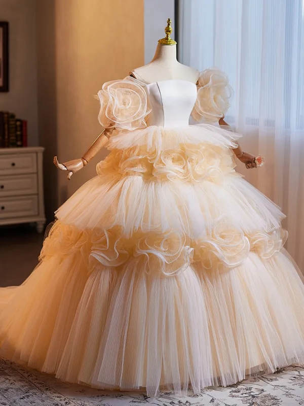 Mode Champagne Volants en Cascade Fleur Robe De Bal 2024 Robe Boule De l'épaule Manches Courtes Dos Nu Longue Promo Robe De Ceremonie
