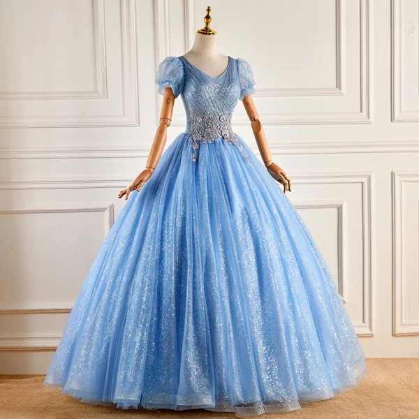 Elegant Pool Blue Lace Flower Sequins Prom Dresses 2022 Ball Gown V-Neck Short Sleeve Backless Floor-Length / Long Prom Formal Dresses